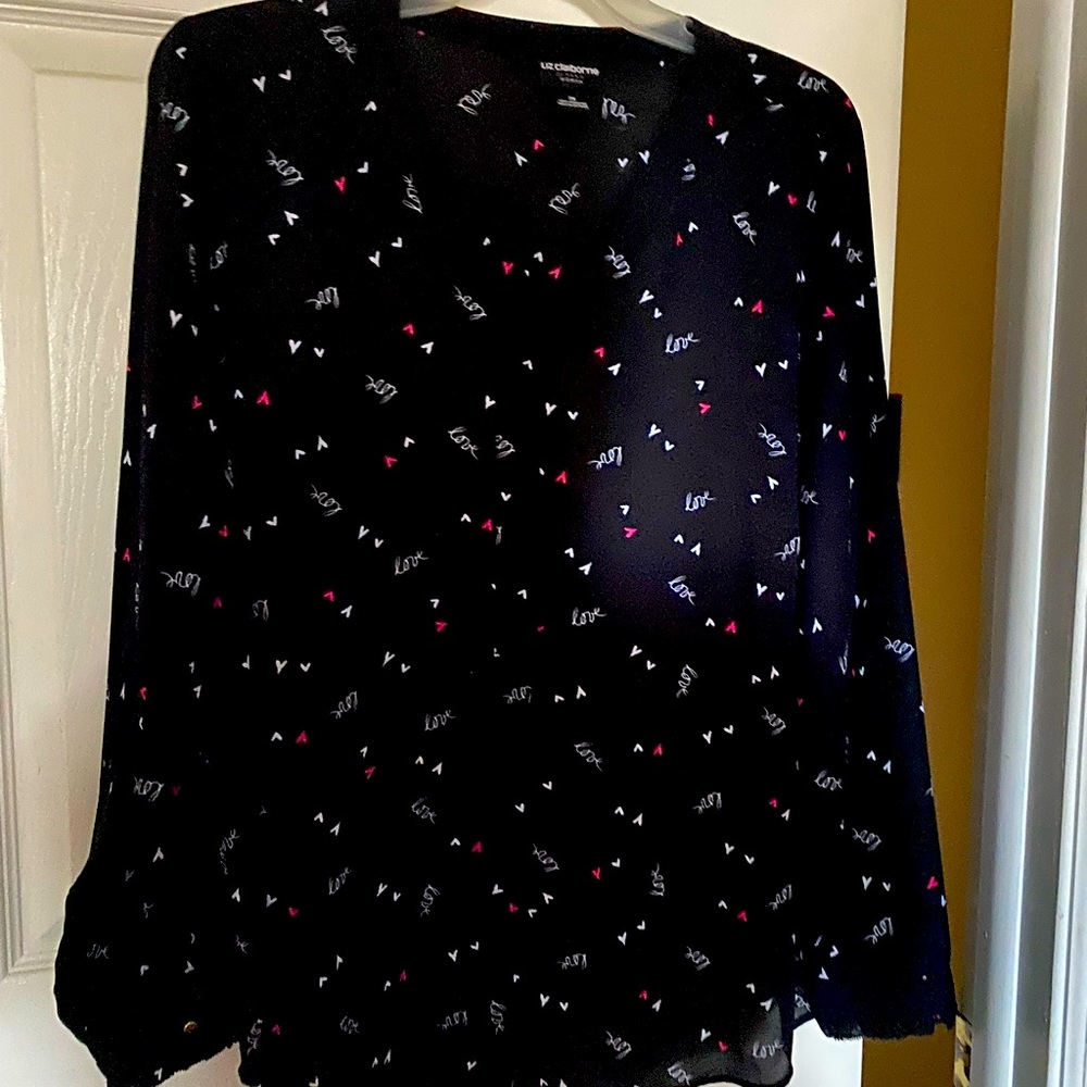 Beautiful button down black “love” shirt by Liz Claiborne. New never worn.